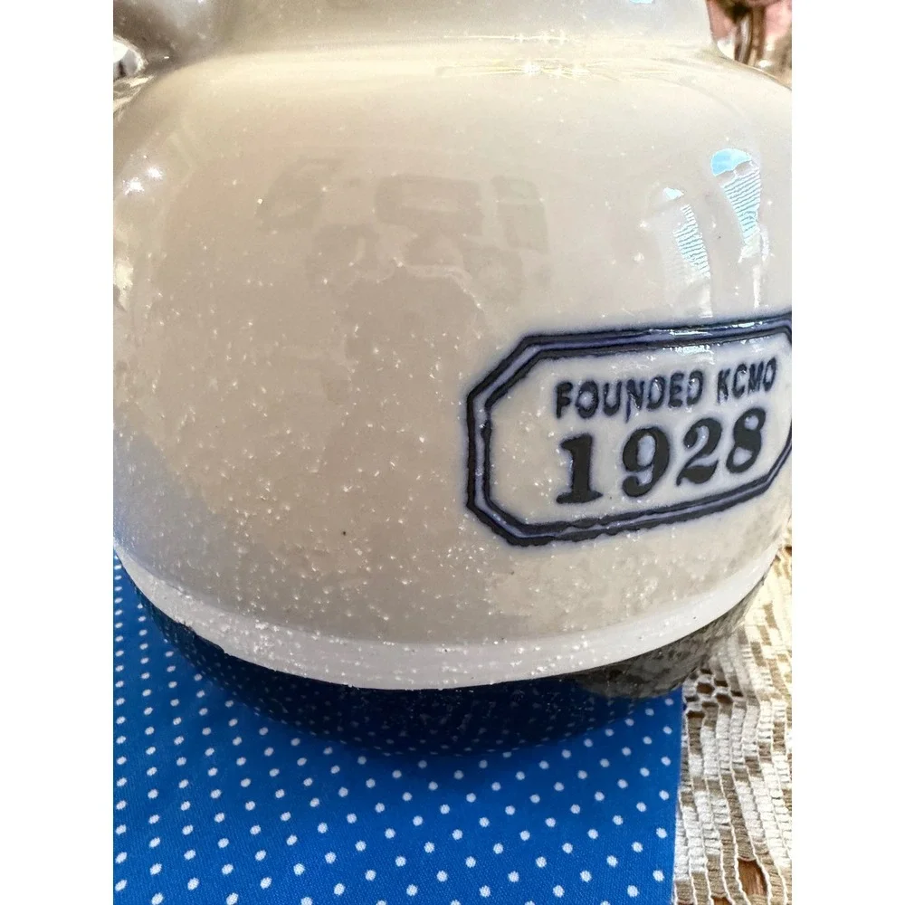 J.C.‎ and Rollie Stoneware Crock Founded KCMO 1928 Cream Navy Blue